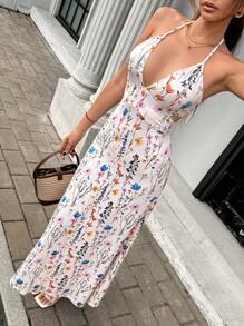 Pariaura Váy yếm hở lưng in hoa thanh lịch dành cho nữ, hoàn hảo cho kỳ nghỉ - Màu be - Xem 6