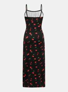 SHEIN Đầm Maxi in họa tiết quả anh đào xẻ đùi cho bé gái tuổi mới lớn, trang phục đôi cho mẹ và bé - màu đen - Xem 10