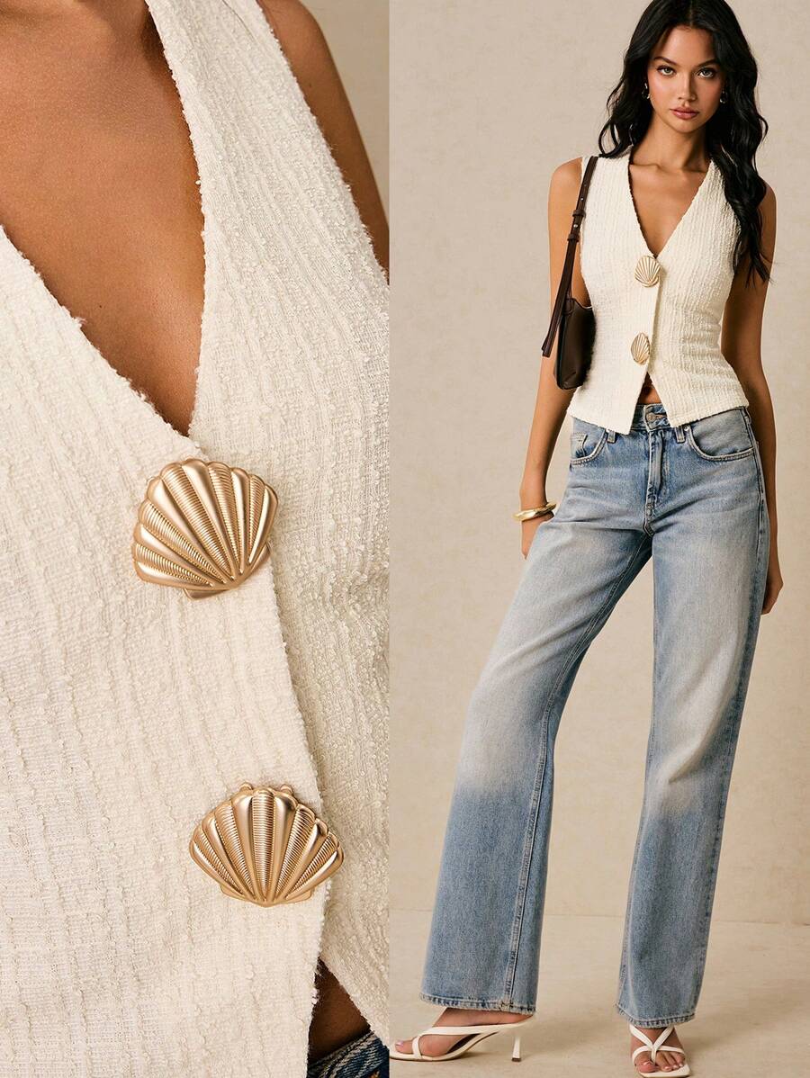 Poéselle White Top, Suit Waistcoat, Shell Decoration, Tweed Fabric,Exquisite And Elegant, Suitable For Daily Wear, Going Out, Vacation, Dating And Other Occasions,Women's Metal Seashell Decor V-Neck Elegant Camisole