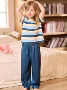 SHEIN 4pcs/Set Young Girl' Mix Color Random Striped Print Short Sleeve Pajama Set - Multicolor - View 7