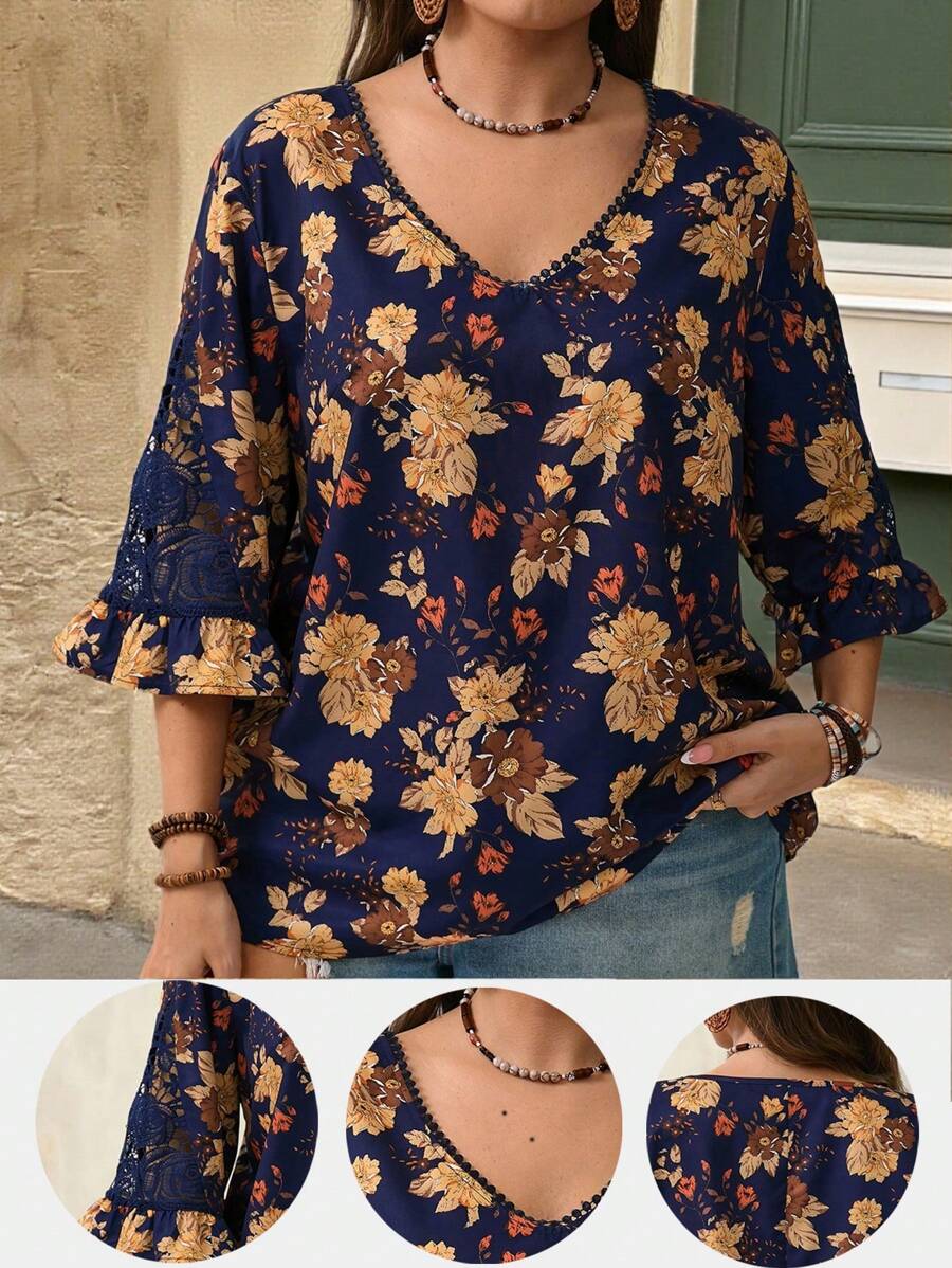 EMERY ROSE Cămașă de damă cu decolteu în V, lejeră, casual, imprimată, cu garnitură din dantelă, top versatil pentru naveta și timpul liber - Albastru - Vizualizare 1