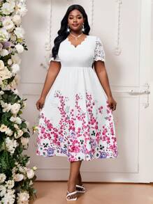 Fleurora 春夏优雅通勤办公室彩色V领喇叭花瓣袖撞色蕾丝中长短袖大码连衣裙女士夏季服装女士夏季连衣裙女士办公室服装女士服装夏季办公室连衣裙 - 彩色 - 查看 6