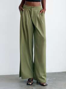 Maija Solid Wide Leg Suit Pants - Army Green - View 2