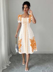 Elenzga Váy Maxi Chữ A In Họa Tiết Tay Phồng Đi Nghỉ Mát Cho Nữ - trái cam - Xem 3