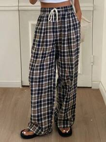 DAZY Plaid Drawstring Wide Leg Pants, Casual Street Style Women Long Trousers, Summer - Navy Blue - View 3