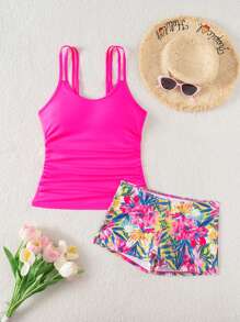 Swim Lushoire Set de 2 piezas de traje de baño de verano para mujer con estampado floral y de unicolor