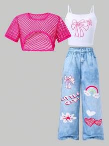 Tween Girls Denim Effect Pants, Floral Print Tank Top & Contrast Mesh Blouse 3-Piece Set - Hot Pink - View 1
