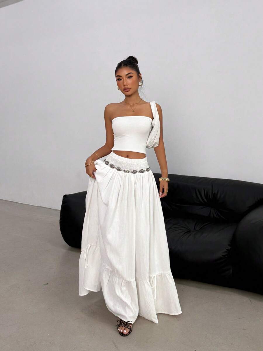 SHEIN EZwear 女士时尚双面半身裙，适合夏季 - 白色 - 查看 1