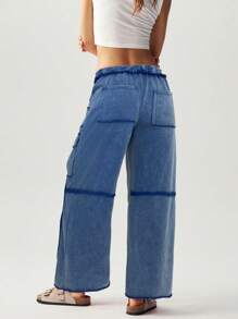 Bohemela Pantalones anchos con bolsillos de punto de unicolor informal para mujeres