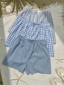 Comfortcana Women's Plus Size Casual Woven Fabric Shorts In Blue And White: Textured, Short Length Summer Style - Blue and White - View 3