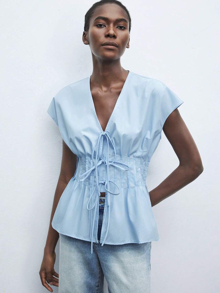 Maija 2025 Autumn/Winter New Blue Front Tie Bow Waist Pleated Shoulder Puff Sleeve Women's Blouse, Fashion, Elegant, Urban Romantic, Western Punk, Y2K, Country Music Festival, Vintage, Korean, Airport Travel, Street, Wedding Guest, Birthday, Halloween, Business Casual, Office, Date, Party, Outing, Back To School