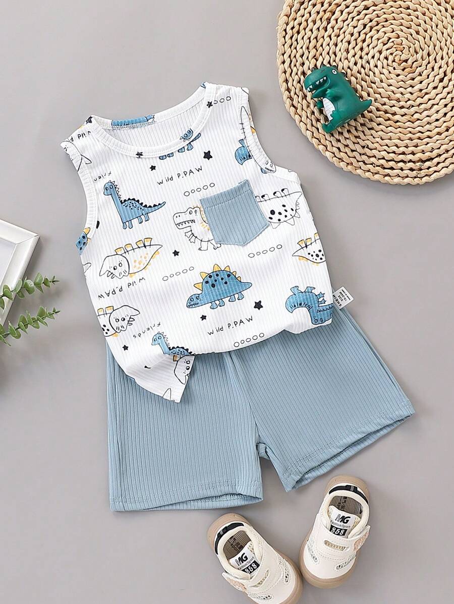 SHEIN Vintaside Kids 1套男嬰卡通恐龍印花背心 & 牛仔短褲 白色夏季休閒可愛度假海灘套裝 無袖圓領T恤套裝 - 藍色 - 查看 1