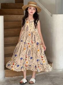 Dazy Kids Vestido de flores pequeñas sin mangas para niñas talla grande, de verano