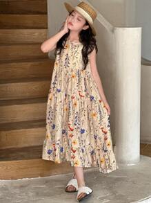 Dazy Kids Vestido de flores pequeñas sin mangas para niñas talla grande, de verano