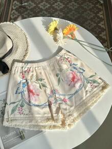 SHEIN Unity 女士印花休闲度假短裤，夏季海滩度假装 - 杏色 - 查看 1