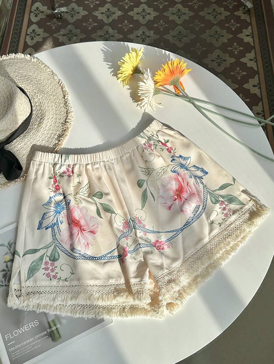 SHEIN Unity 女士印花休闲度假短裤，夏季海滩度假装 - 杏色 - 查看 1