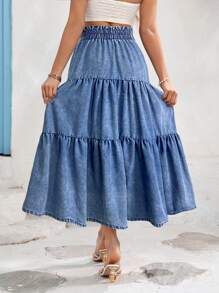 Vivid Eden 宽松休闲松紧腰女式长款牛仔裙，蓝色 - 淺色水洗藍 - 查看 2