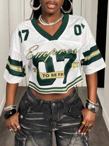 BamGleam 女士休闲宽松数字和字母印花短款 T 恤，运动和街头风格，夏季 - 彩色 - 查看 4