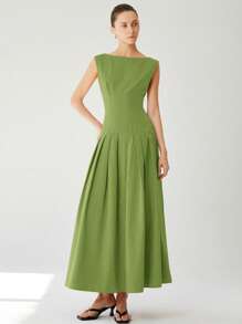 Aveloria Modichic Đầm nữ dài màu đỏ không tay, thiết kế xếp ly eo thấp, gợi cảm, thanh lịch, thích hợp cho ngày lễ tình nhân - màu xanh lá - Xem 4