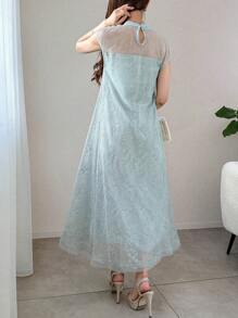 FRIFUL Đầm dài dáng chữ A cổ đứng phối ren lưới tương phản dành cho nữ, chân váy xòe rộng. - màu xanh lá - Xem 5