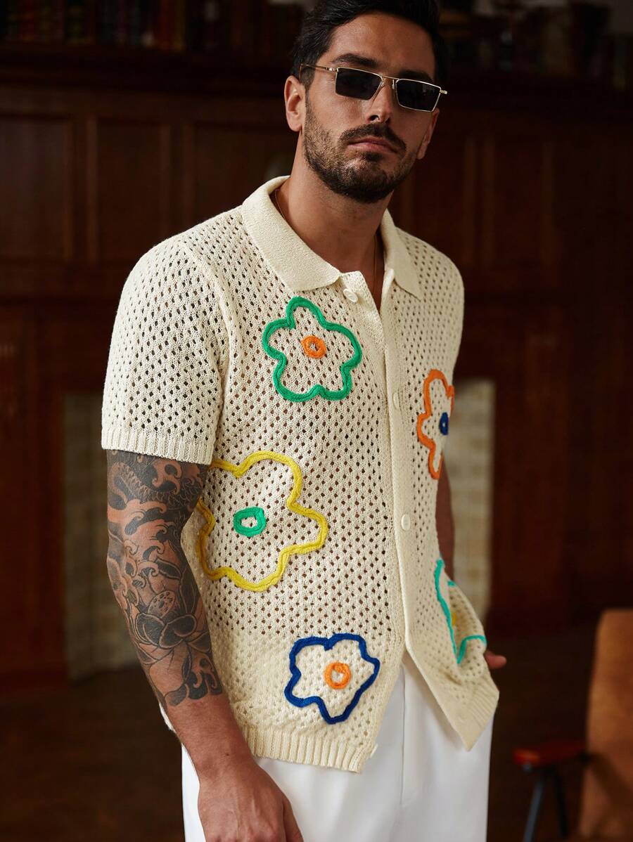 Manfinity CityGents Men's Casual Colorful Floral Embellished Knit Sweater, Summer Pride 2025 Swim Brief Crochet Men Shirt Crochet Shirt Men Men Crochet Shirts Men Crochet Shirt