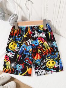 1pc Boys' Summer Graffiti Splash Print Gaming Console Beach Sports Shorts, Street Style