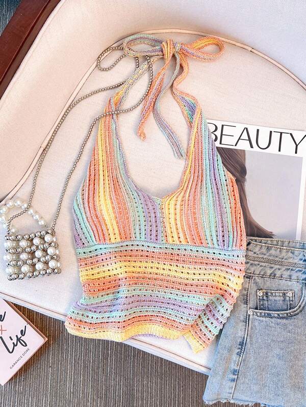 INAWLY Damen lässiges buntes gestreiftes trägerloses Neckholder-Strickoberteil, Sommer