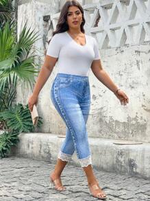 SHEIN Clasi Leggings de efecto de mezclilla con encaje en contraste para mujer de tallas grandes