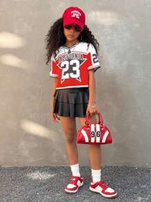 Coolane Kids Tween Girl Fall Jersey T-Shirt Spring/Summer Streetwear Graphics Red V-Neck Crop Tees Jersey Crop Tops, Red Top, School,Back To School,Homecoming - Black - View 5