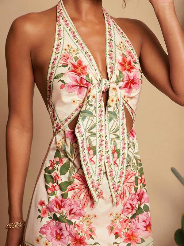 Travachic Women's Floral Print Knot Front Halter Backless Vacation Dress,Summer,Summer Outfits For Women,Beachwear,Beach Outfits For Woman,Vacation Outfits Women,Concert Outfit Women,BOHO,Tropical Vacation Woman Clothes,Summer Dresses For Women,Holiday Outfits,Bohemian Clothes Vacation Dress