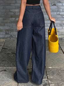 DAZY 女式宽松阔腿牛仔裤，西部牛仔装饰缝线，口袋，休闲街头风格夏季裤子