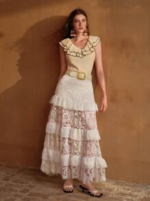 MOTF PREMIUM CONTRAST LACE TIERED LAYERED SKIRT - White - View 8