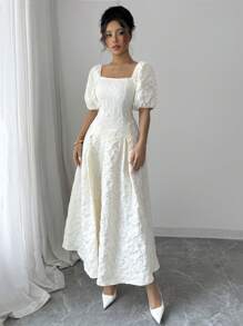 Chiquease Damen Strukturiertes Puffärmel Kleid in knöchellanger Länge