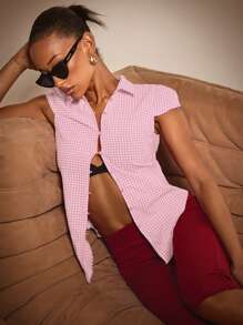 Athîral Women's Simple Plaid Short Sleeve Shirt, Everyday Wear - Pink - View 3