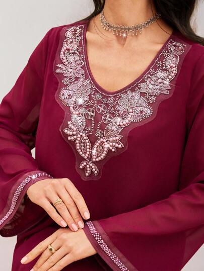 Al Najma 女士优雅朴素珍珠和水钻网眼拼接连衣裙