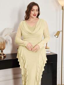 Modelyn Robe moulante élégante à col volant élastique en maille, grande taille, printemps/été - Jaune citron - Voir 4