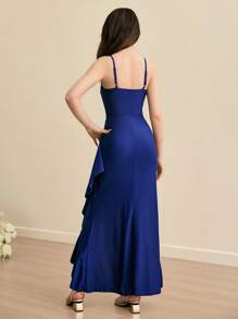 SHEIN Teen Girls Navy Blue Asymmetrical Off Shoulder Backless Split Slim Halter Ruffles Homecoming Dresses,Suitable For Birthday Party, Masquerade Ball, Party, Holiday Celebration, Stage Performance Christmas Dresses,Halloween Dresses,Thanksgiving Dresses,Party Prom Dress, Plain Dresses