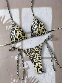 Swim Vcay 2pcs/Set Women's Beach Summer Outfits - Leopard Random Print Metallic Accessory Halter Top And Side Tie String Bikini Bottoms Sexy Swimsuit Set - Multicolor - View 5