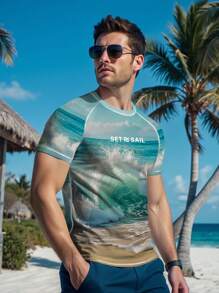 Manfinity VDAYZ Men's Swim Rashguard Shirt, Fashionable Short-Sleeve Design For Summer - Multicolor - View 1