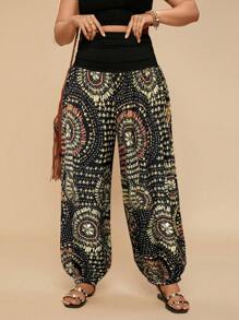 Travachic Plus Size Casual Bohemian Floral Print Wide Leg Elastic Waist Palazzo Pants For Women, Spring/Summer,Summer Pants