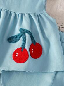 Baby Mädchen Sommer Casual Niedlich Kirsche Besticktes Tanktop In Denim-Optik Und Shorts In Denim-Optik Set