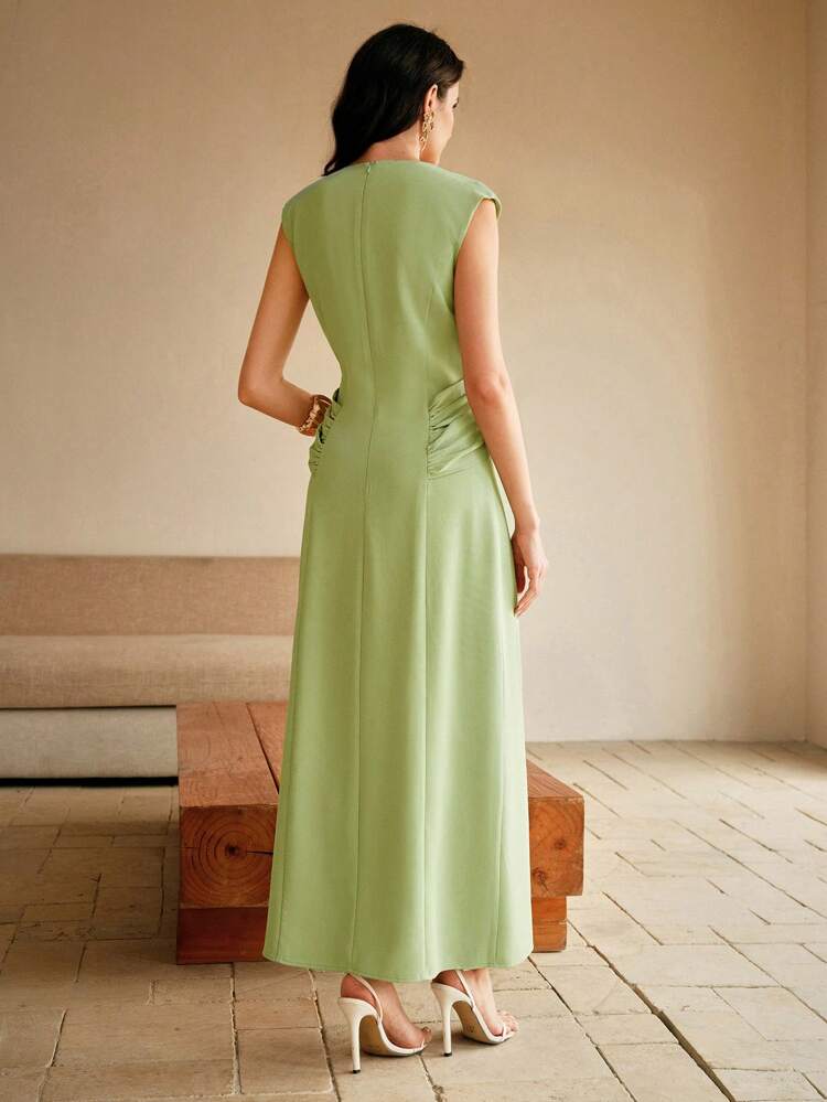 Stylish & Elegant Round Neck Dolman Sleeve Twist Waist Fitted Midi Dress For Women
