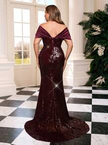Glamrae 加大码优雅酒红色亮片露背高开衩美人鱼晚礼服，水钻装饰露背礼服，适合婚礼、舞会、派对舞会礼服，女士，婚礼宾客 - 酒紅色 - 查看 3