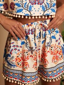 Travachic Women 2pcs Set: Woven Printed Crop Loose Shirt & High Waist Wide Leg Shorts,Summer Outfits For Women,Beachwear,Spring And Summer,Easter,Holiday Outfits,Beach Outfits For Woman,Spring Break,Vacation Outfits Women,Concert Outfit Women,BOHO,Bohemia,Music Festival,4th Of July Outfits,Tropical Vacation Woman Clothes