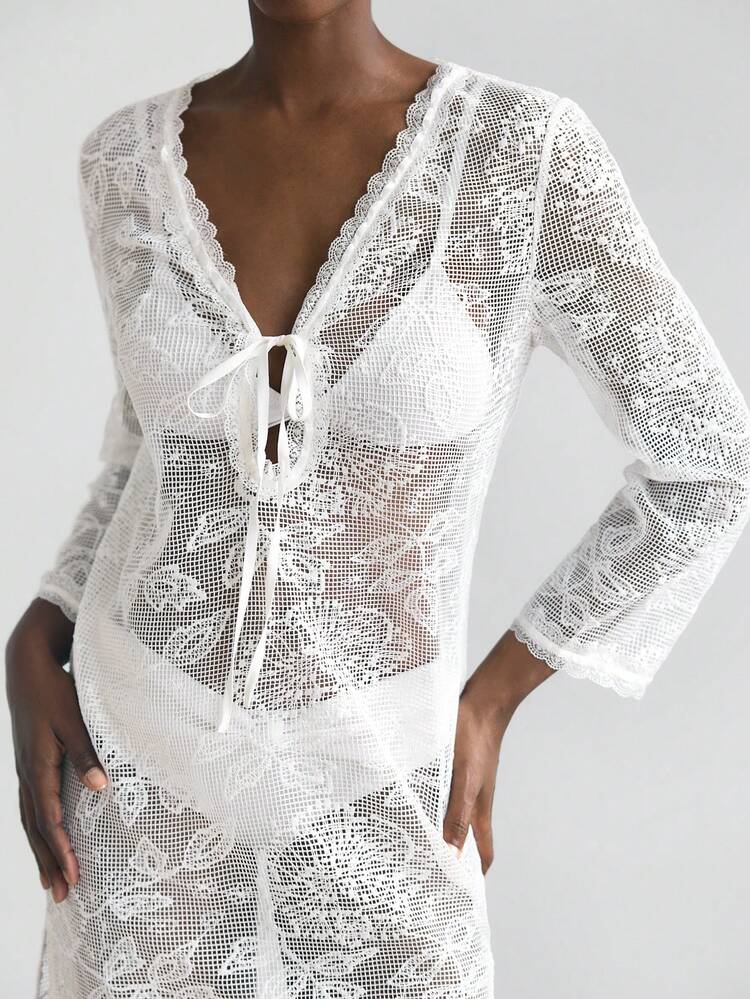 SHEIN Maija Women's Beige Loose V-Neck Bohemian Romantic Style Dress, Comfortable Fitted Long Sleeve Dress With Lace Trim, Bowknot, Embroidery Details, Suitable For Spring/Summer