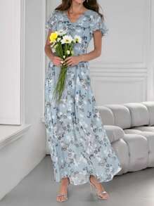 Vestido de verano para mujer con estampado floral, cuello en V y mangas de vuelo para vacaciones