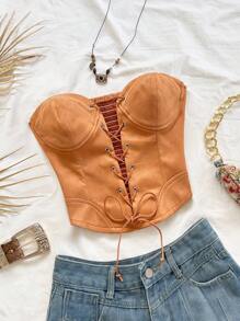 Soleia Bohemian Leather Camisole Top With Tie, Suede Panel, For Beach Vacation - Brown - View 6