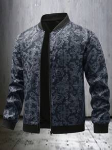 Manfinity Homme Men's Stand Collar All-Over Print Zip-Up Casual Jacket, Designer Jacket Men, Blue Jacket Men, Men's Printed Bomber Jacket - Black - View 1