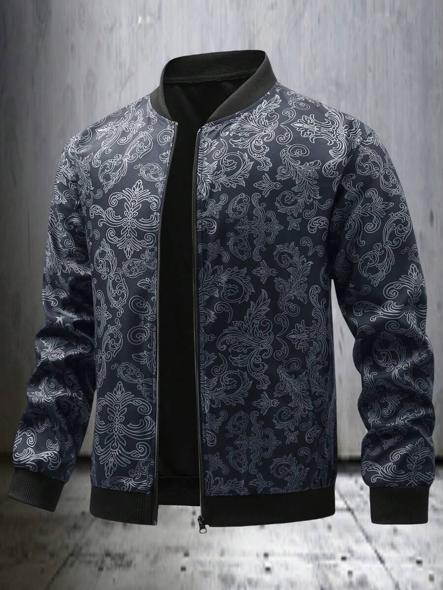 Manfinity Homme Men's Stand Collar All-Over Print Zip-Up Casual Jacket, Designer Jacket Men, Blue Jacket Men, Men's Printed Bomber Jacket - Black - View 1