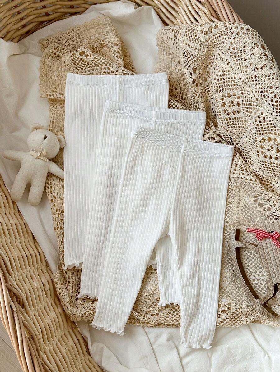 SHEIN 女婴纯色荷叶边下摆紧身裤 - 白色 - 查看 1